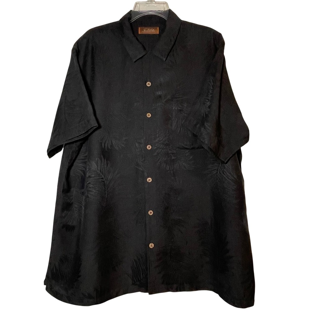Tasso Elba Mens XXL Black 100% Silk Jacquard Palm Leaf Short Sleeve Camp Shirt